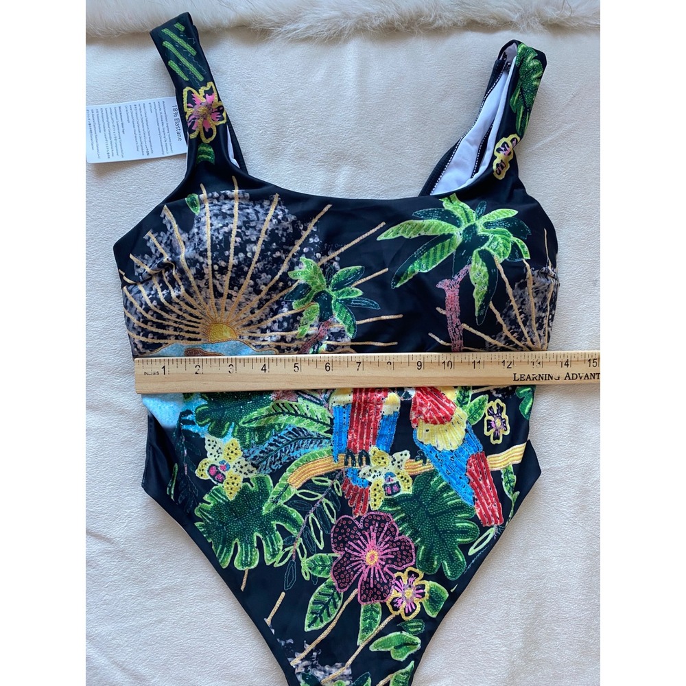 Women's One-Piece Swimsuit Small Black Tropical Parrot NWT High Cut Scoop Bold - Picture 7 of 11